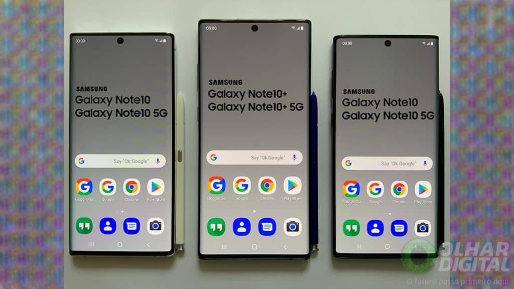 Três modelos de Galaxy Note 10, da Samsung