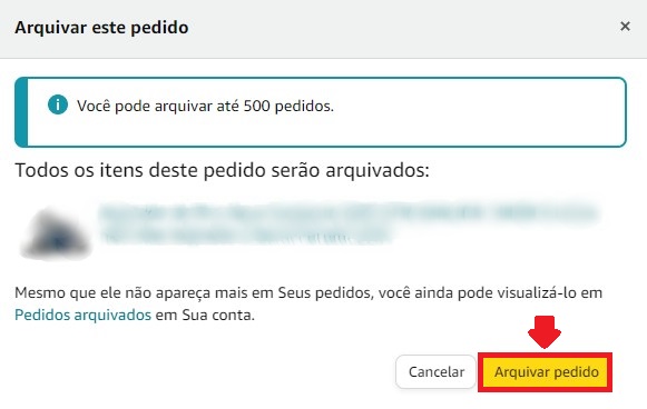 Como arquivar pedido na Amazon - Passo 4